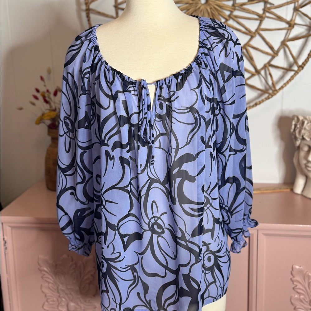 Pleione Blue and Black Blouse with Flutter‎ Sleeves